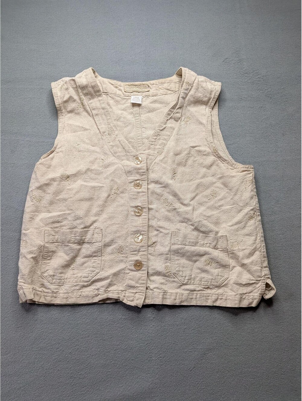Cherokee Vest Womens L Beige Linen Blend Embroidered Floral Button Pockets